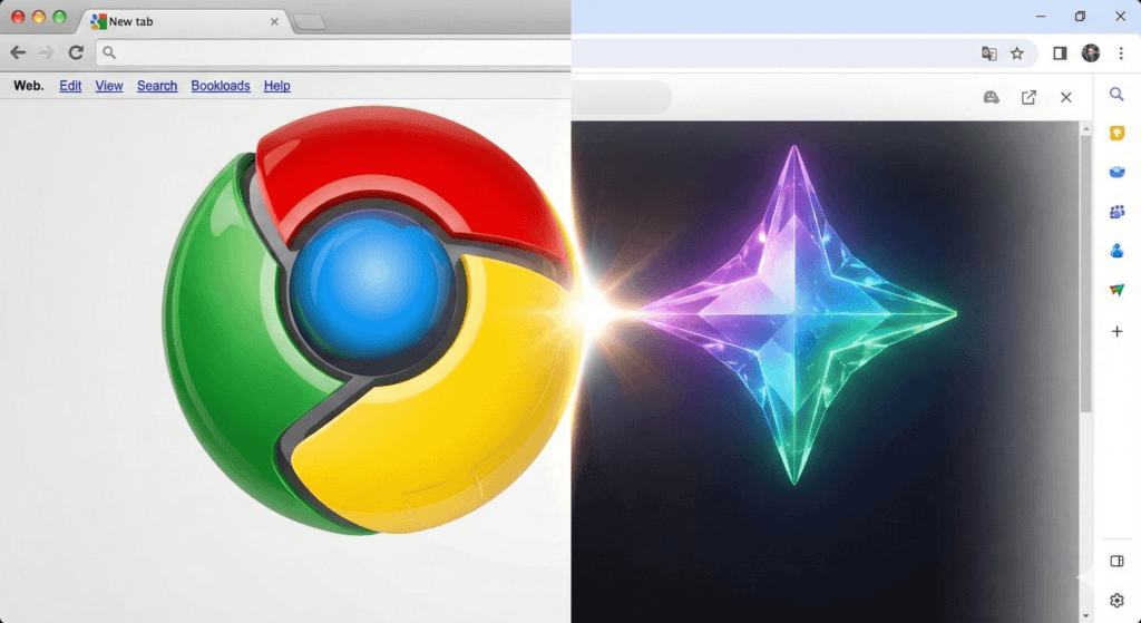 Fusão do logotipo do **Google Chrome com Gemini** AI, representando a nova atualização.
