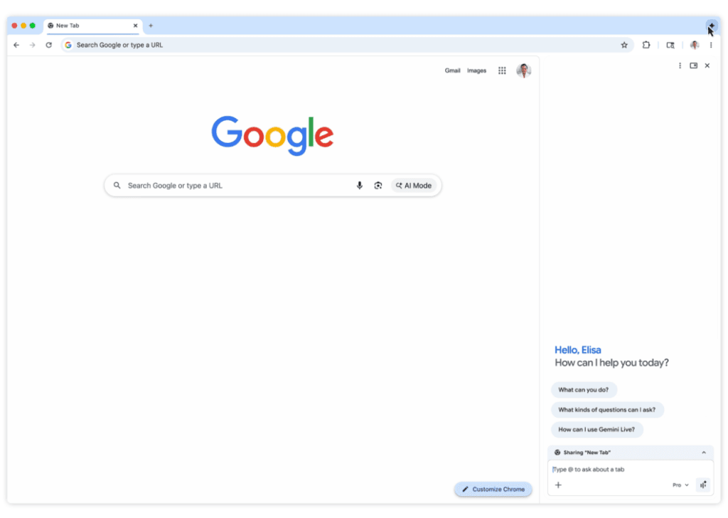 Captura de tela do navegador Google Chrome mostrando a barra lateral do assistente Gemini aberta à direita, com sugestões de comandos como "O que você pode fazer?".