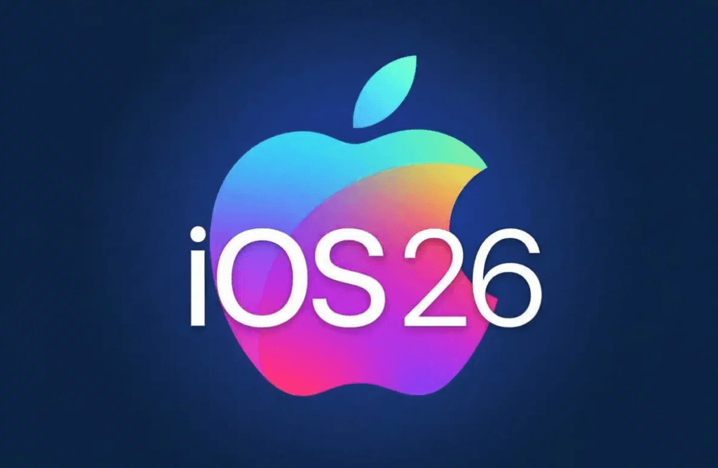 Logotipo oficial do iOS 26 da Apple com gradiente colorido em fundo azul escuro, ilustrando a atualização do sistema operacional.