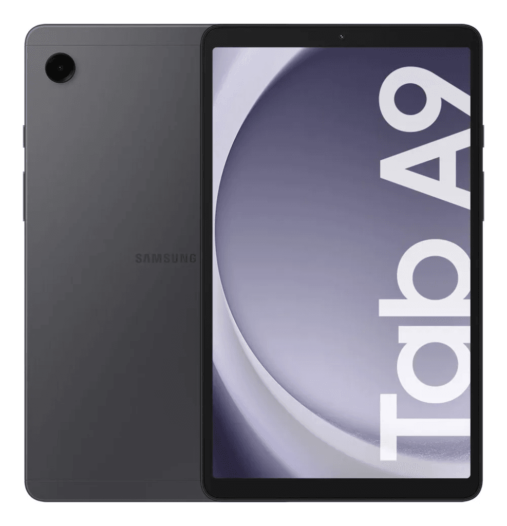 Tablet Samsung Galaxy Tab A9 compacto na vertical, mostrando a tela e o acabamento traseiro fosco.