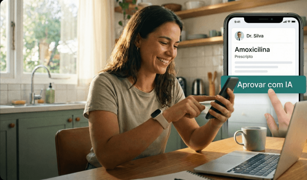Mulher usando aplicativo onde a IA prescreve remédios no celular