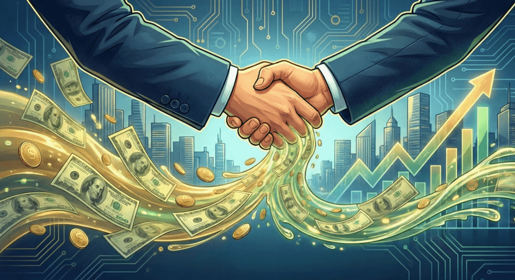 Ilustração de um aperto de mãos corporativo transformando-se em um fluxo de notas de dólar e moedas, representando a oferta de pagamento 100% em dinheiro da Netflix.