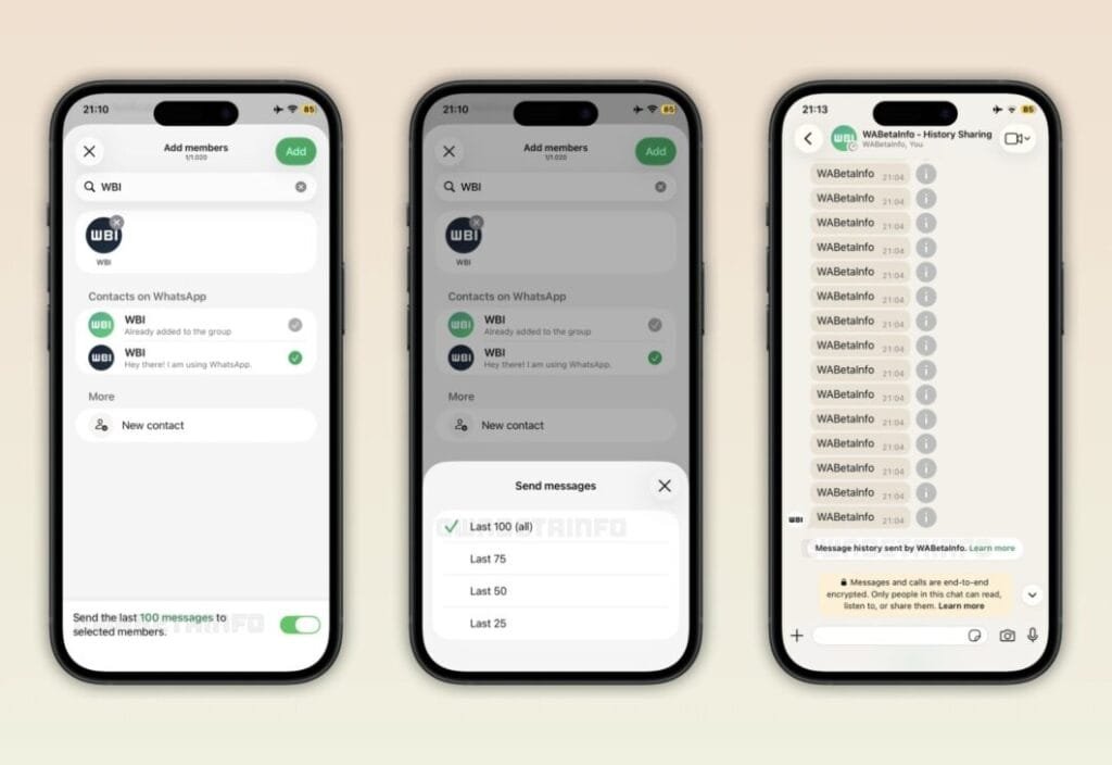 Configuração para compartilhar histórico em grupos do WhatsApp no iPhone.