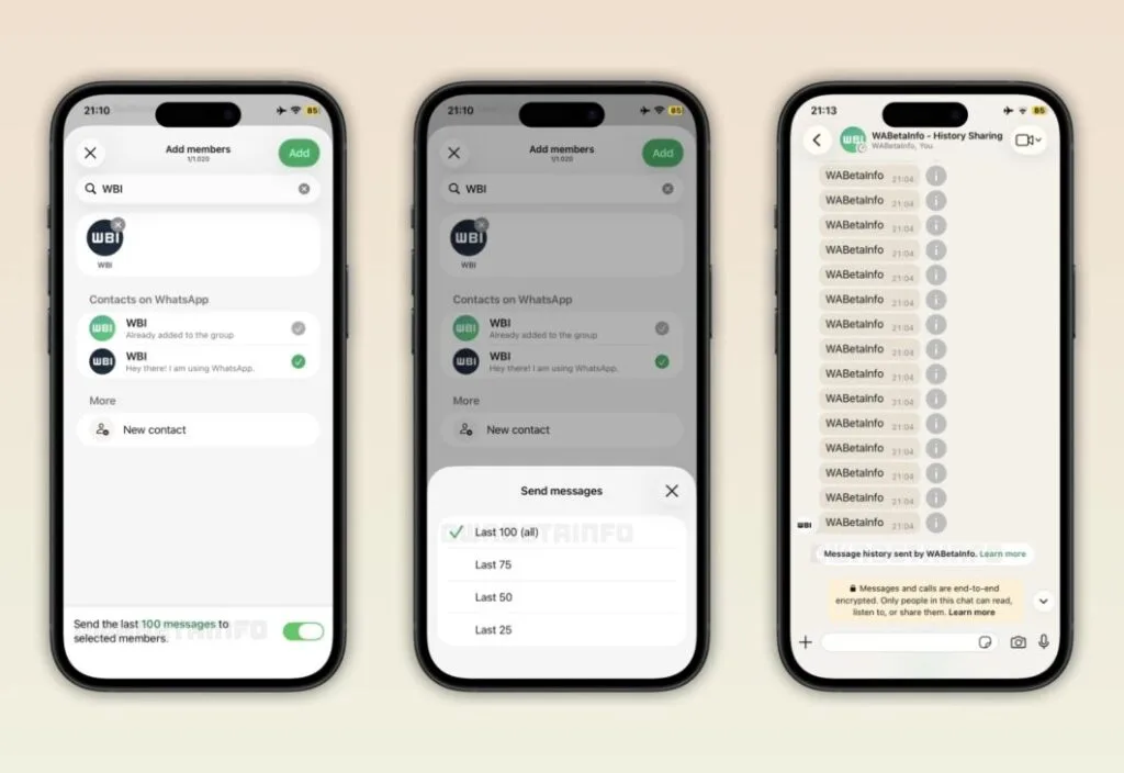Configuração para compartilhar histórico em grupos do WhatsApp no iPhone.