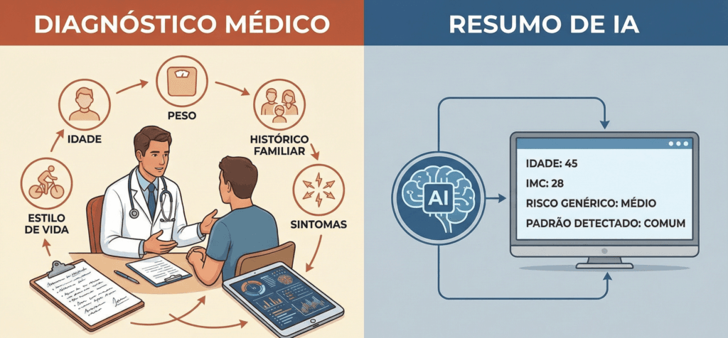 Infográfico comparativo: à esquerda, um médico analisando o paciente de forma holística; à direita, um computador com IA exibindo dados frios e genéricos, ilustrando o risco de diagnósticos automáticos.