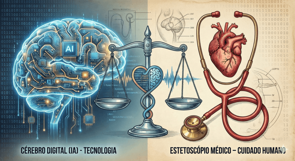Ilustração de uma balança em equilíbrio: de um lado, um cérebro digital azul representando a tecnologia (IA); do outro, um estetoscópio e um coração vermelho representando o cuidado humano.