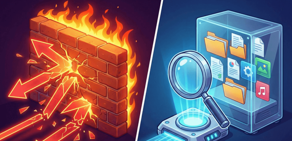 Infográfico comparativo: à esquerda, um muro de fogo bloqueando setas externas (firewall); à direita, um scanner analisando arquivos dentro de um computador (antivírus).