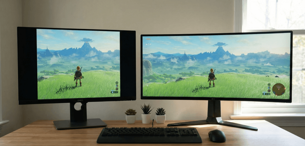 Comparativo lado a lado mostrando a diferença de campo de visão no jogo Zelda entre um monitor padrão 16:9 e um monitor Ultrawide 21:9, destacando a área extra lateral.