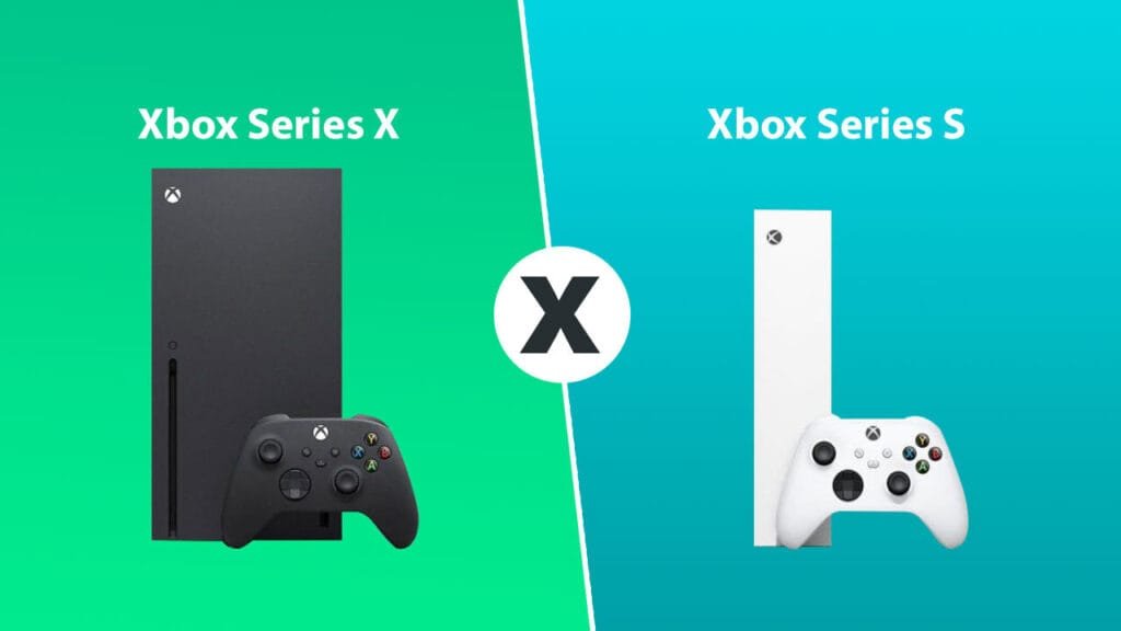 Comparativo de tamanho lado a lado entre o console Xbox Series X preto e o Xbox Series S branco com seus respectivos controles.