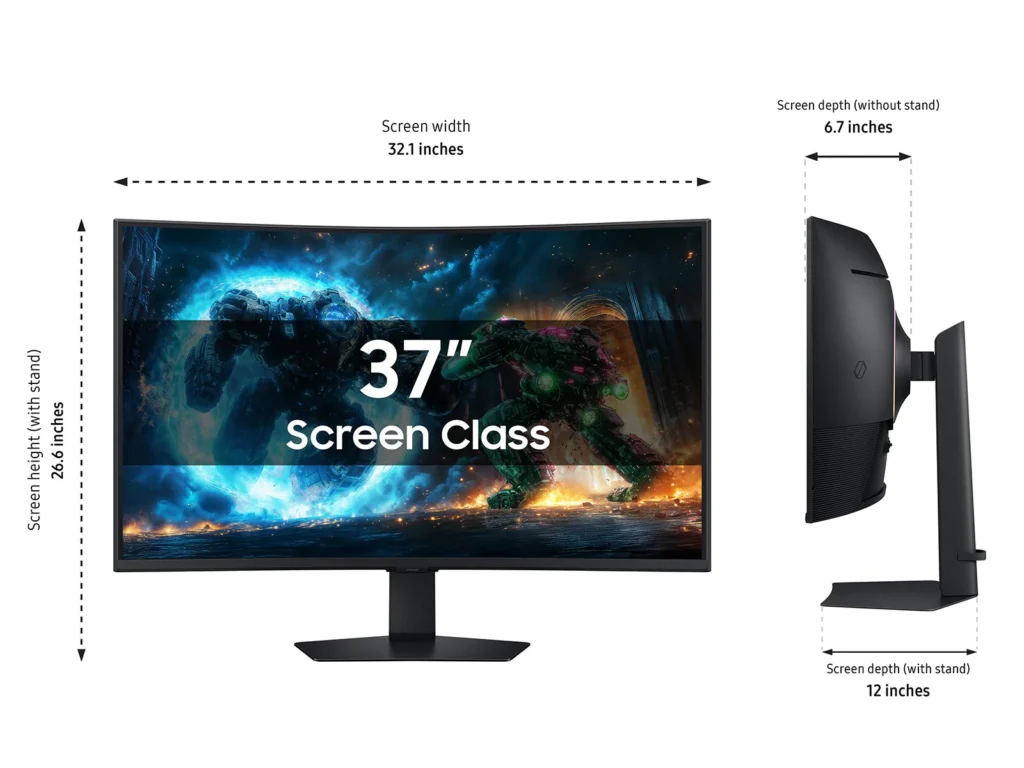 Especificações de Tamanho e Ergonomia Odyssey G7 37 Dimensões e medidas do Monitor Samsung Odyssey G7 37 polegadas mostrando largura de 32.1 polegadas e altura com suporte.