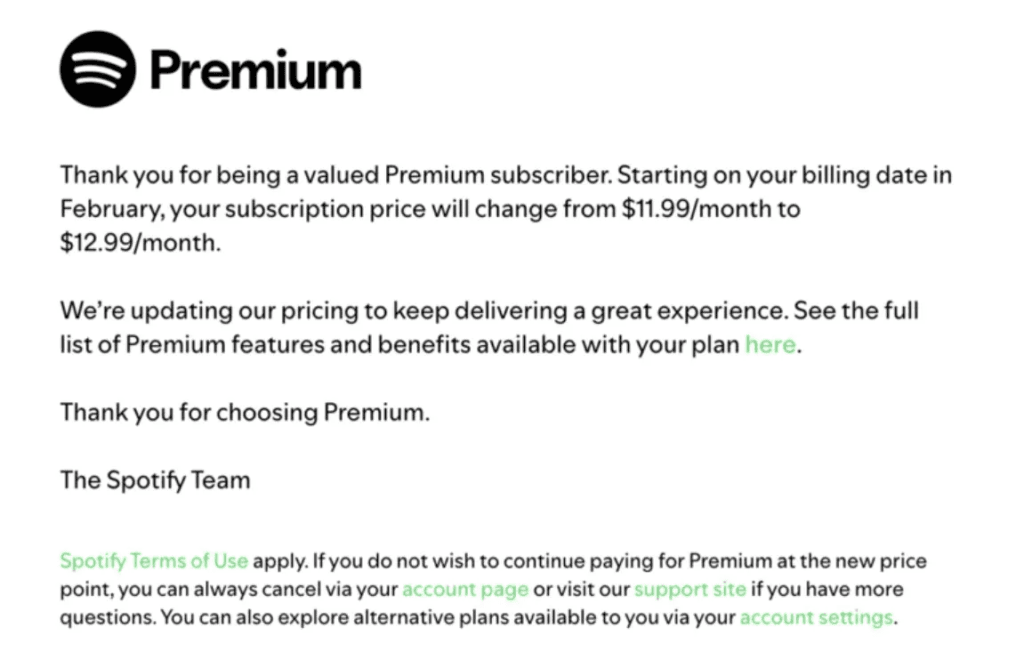 Email oficial spotify Captura de tela do e-mail oficial enviado pelo Spotify aos assinantes, confirmando a mudança de preço do plano Premium de 11.99 para 12.99 dólares a partir de fevereiro.