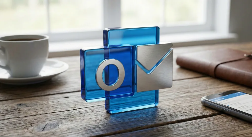 Ícone 3D do Microsoft Outlook sobre uma mesa de escritório, representando o software afetado pela atualização do Windows 11.