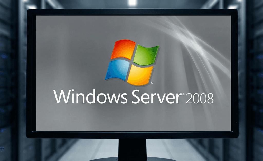 Monitor exibindo a logo do Windows Server 2008 em um data center, ilustrando um sistema legado vulnerável a ataques por falta de atualizações de segurança.
