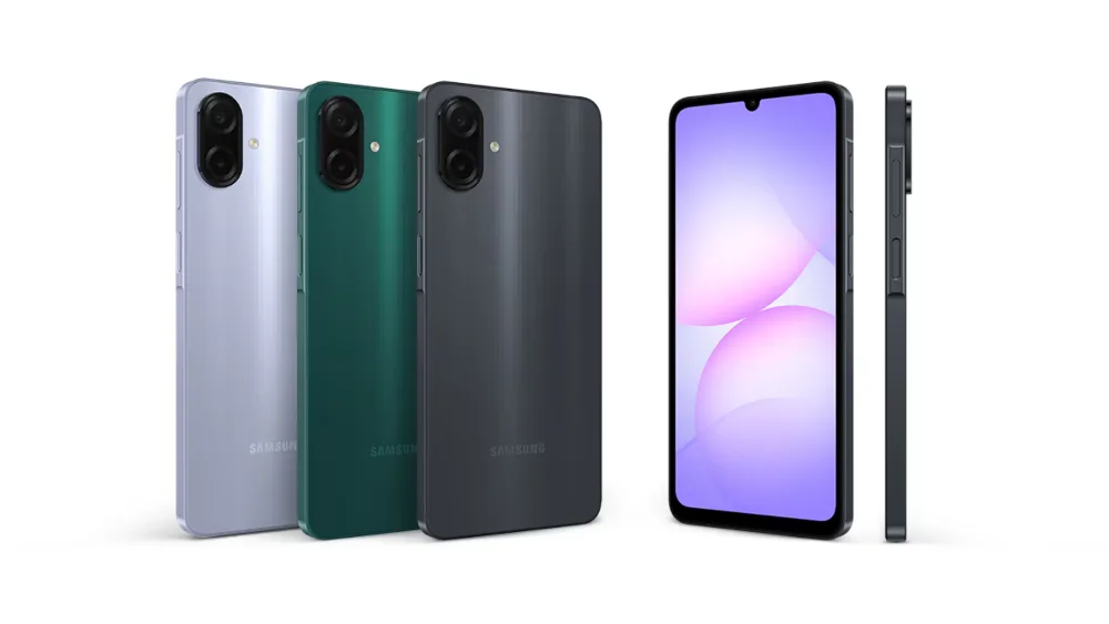 Samsung Galaxy A07 Smartphone Samsung Galaxy da linha A com acabamento simples e tela grande, opções de cores verde, preto e prata.