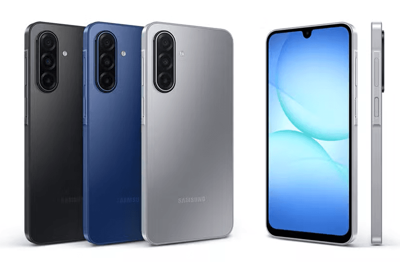 Samsung Galaxy A17 Design Smartphone Samsung Galaxy da linha A com acabamento simples e tela grande, opções de cores verde, preto e prata.