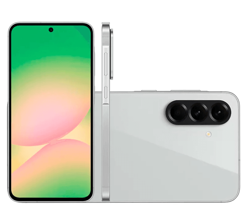 Galaxy A56 Cores e Câmeras Celular Samsung Galaxy intermediário mostrando conjunto de câmeras triplas e acabamento moderno.