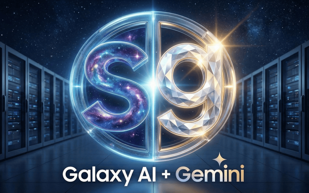 Parceria Samsung e Google: Galaxy AI com Gemini integrado no Tab A11 Plus Ilustração artística dos logotipos da Galaxy AI e Google Gemini lado a lado, representando a integração de inteligência artificial no Galaxy Tab A11 Plus.