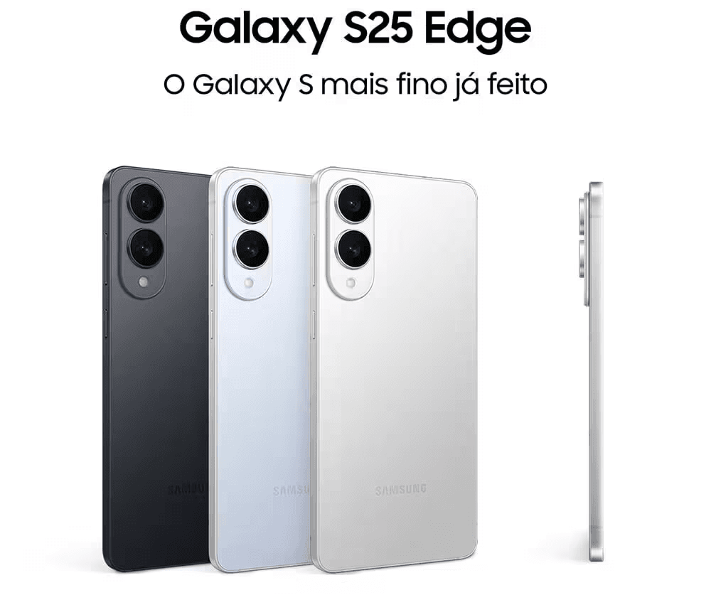 Galaxy S25 Edge Ultrafino Perfil lateral do Galaxy S25 Edge mostrando sua espessura fina de 5,8mm.
