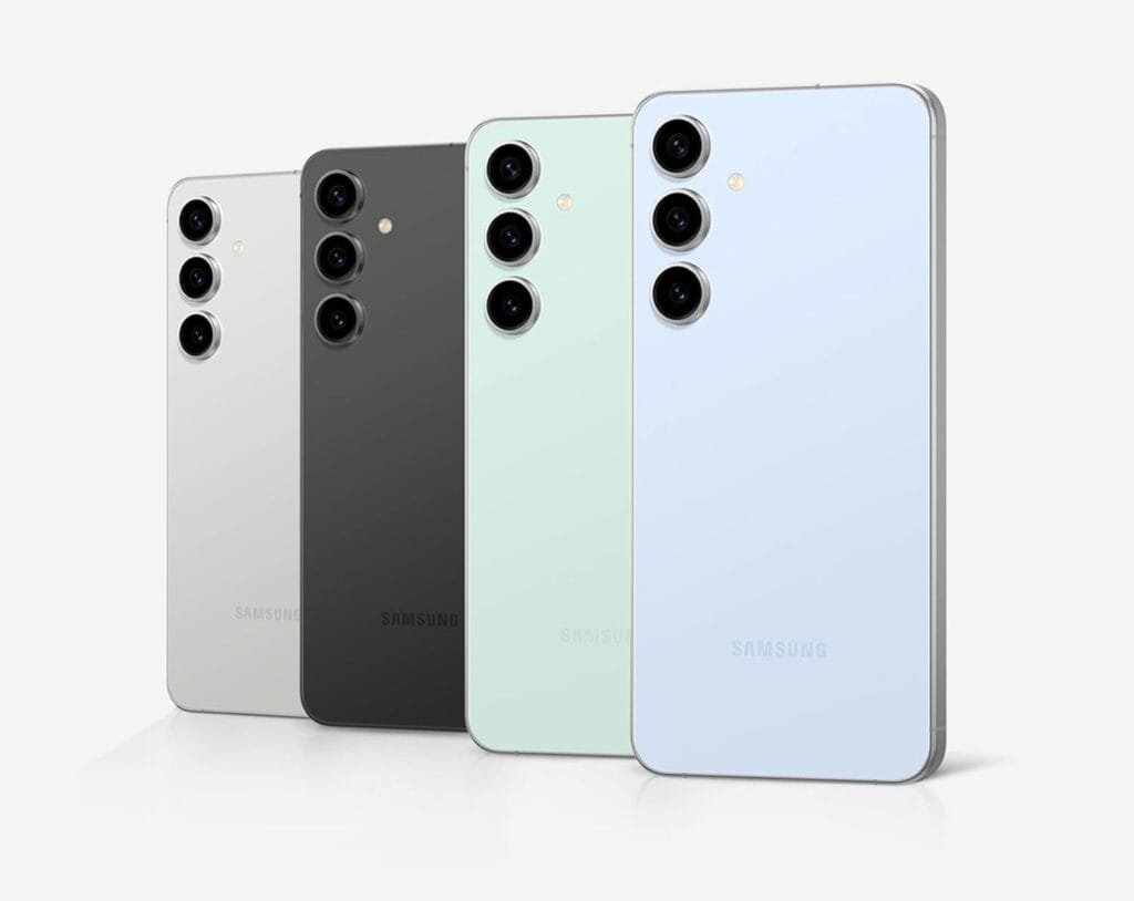 Galaxy S25 FE Cores Disponíveis Galaxy S25 FE em várias cores, destacando design jovem e tela plana.