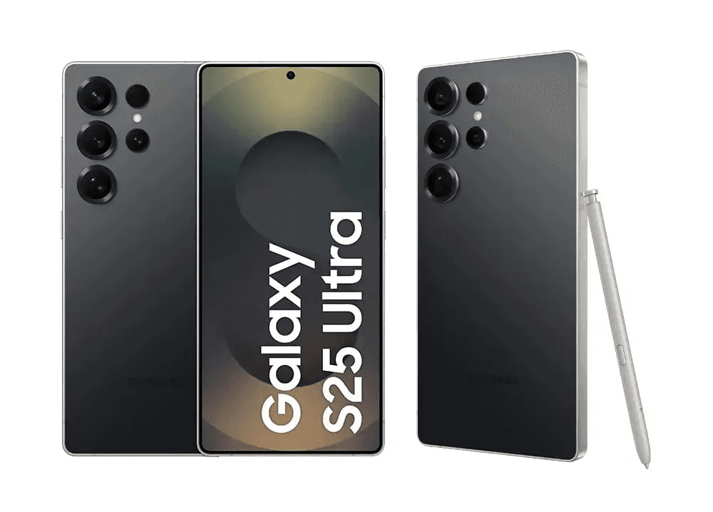 Galaxy S25 Ultra com S Pen Galaxy S25 Ultra preto ao lado da caneta S Pen, destacando design premium e câmeras avançadas.