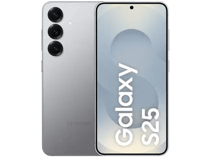 Novo Galaxy S25 Compacto Frente e verso do Galaxy S25 cinza, destacando tamanho compacto e tela Dynamic AMOLED.