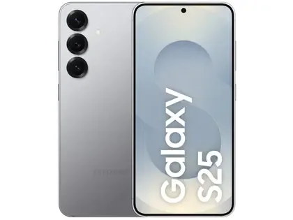 Novo Galaxy S25 Compacto Frente e verso do Galaxy S25 cinza, destacando tamanho compacto e tela Dynamic AMOLED.