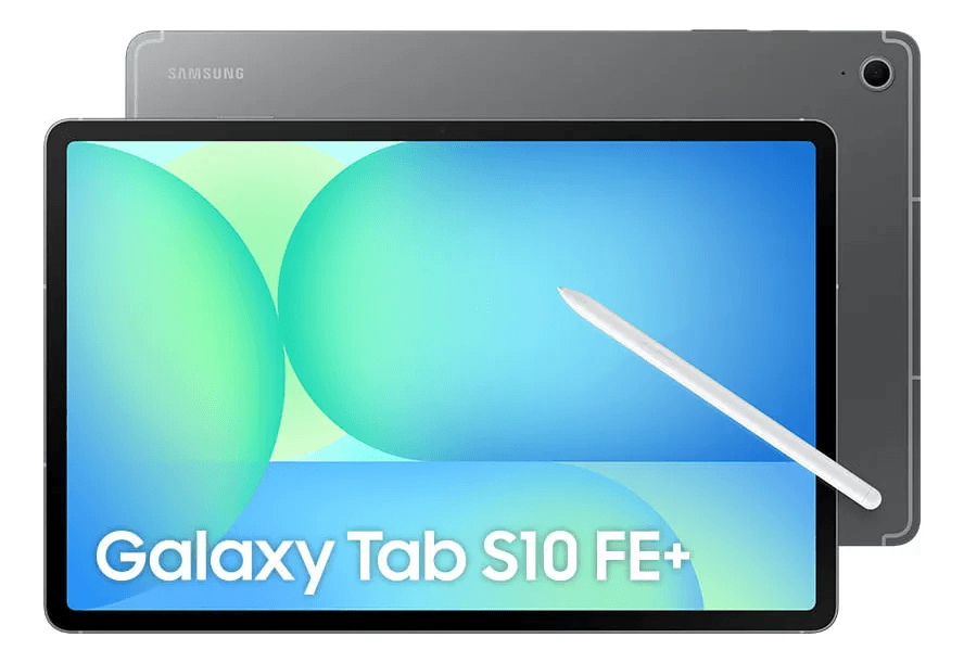 Galaxy Tab S10 FE Plus exibindo tela inicial colorida com a S Pen branca flutuando sobre o display.