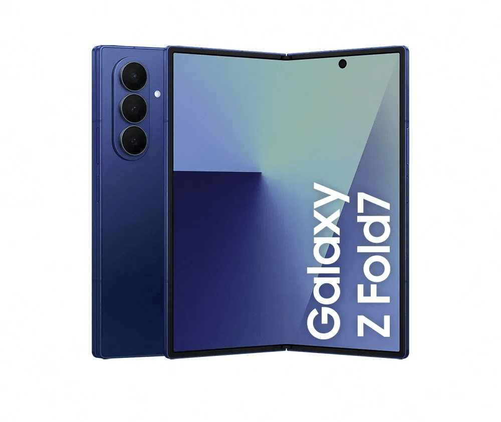 Galaxy Z Fold 7 Tela Aberta Galaxy Z Fold 7 azul aberto mostrando a grande tela interna estilo tablet.