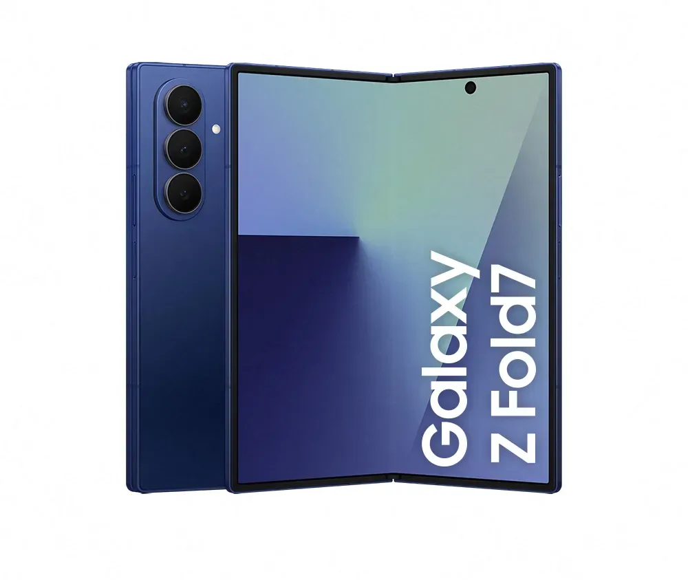 Galaxy Z Fold 7 Tela Aberta Galaxy Z Fold 7 azul aberto mostrando a grande tela interna estilo tablet.