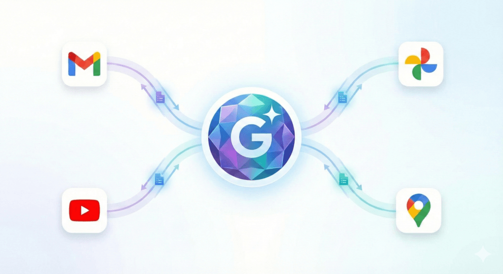 Ilustração demonstrando a conexão do Google Gemini com Gmail, Fotos e YouTube para gerar inteligência pessoal.