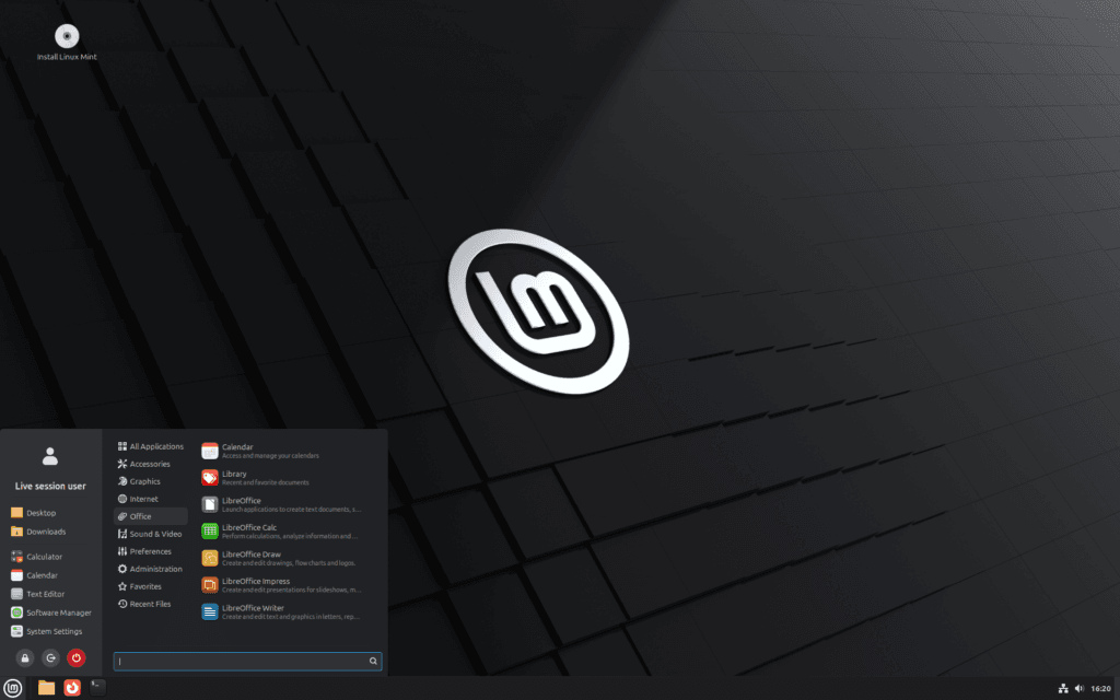 Interface do Linux Mint 22.3 exibindo o menu de aplicativos com três colunas, ícones monocromáticos e barra de pesquisa.
