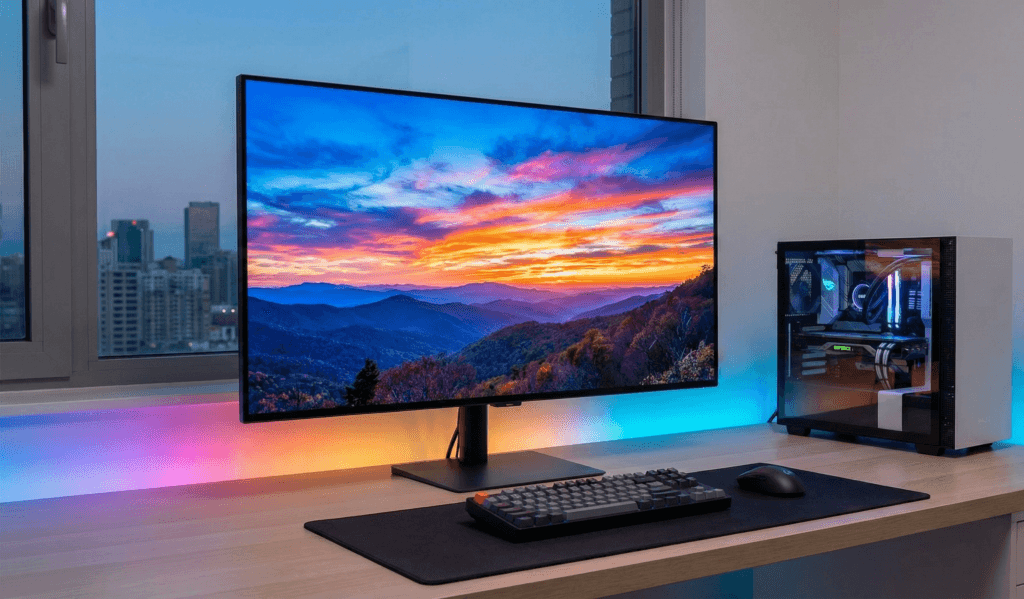 Setup gamer com o melhor monitor para PC de bordas finas sobre a mesa.
