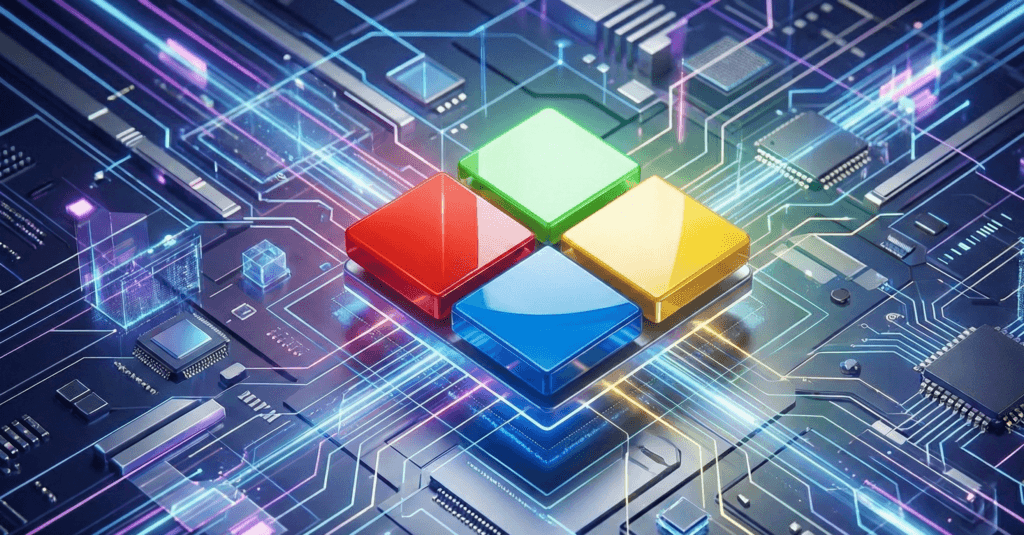 Logotipo Microsoft Windows 11 Tecnologia Ilustração estilizada em neon do logotipo da Microsoft sobre um chip de processador futurista.