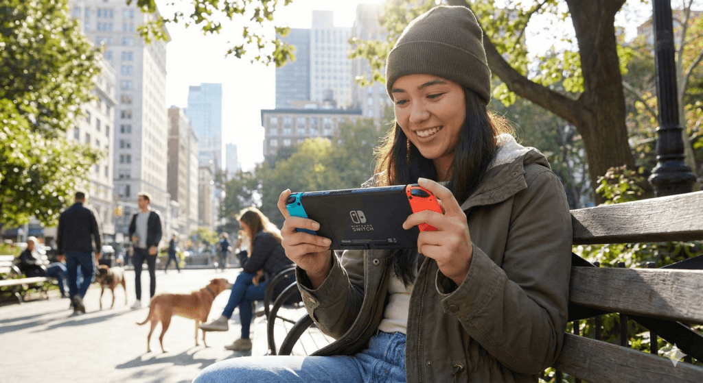 Mulher jovem sorrindo sentada em um banco de parque enquanto joga Nintendo Switch no modo portátil, demonstrando a versatilidade do console em ambientes externos.