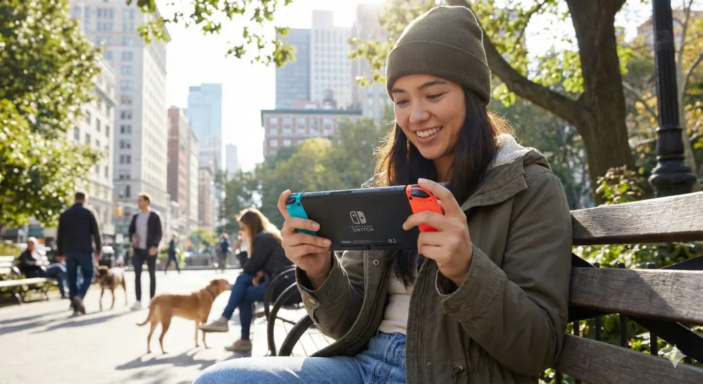 Mulher jovem sorrindo sentada em um banco de parque enquanto joga Nintendo Switch no modo portátil, demonstrando a versatilidade do console em ambientes externos.