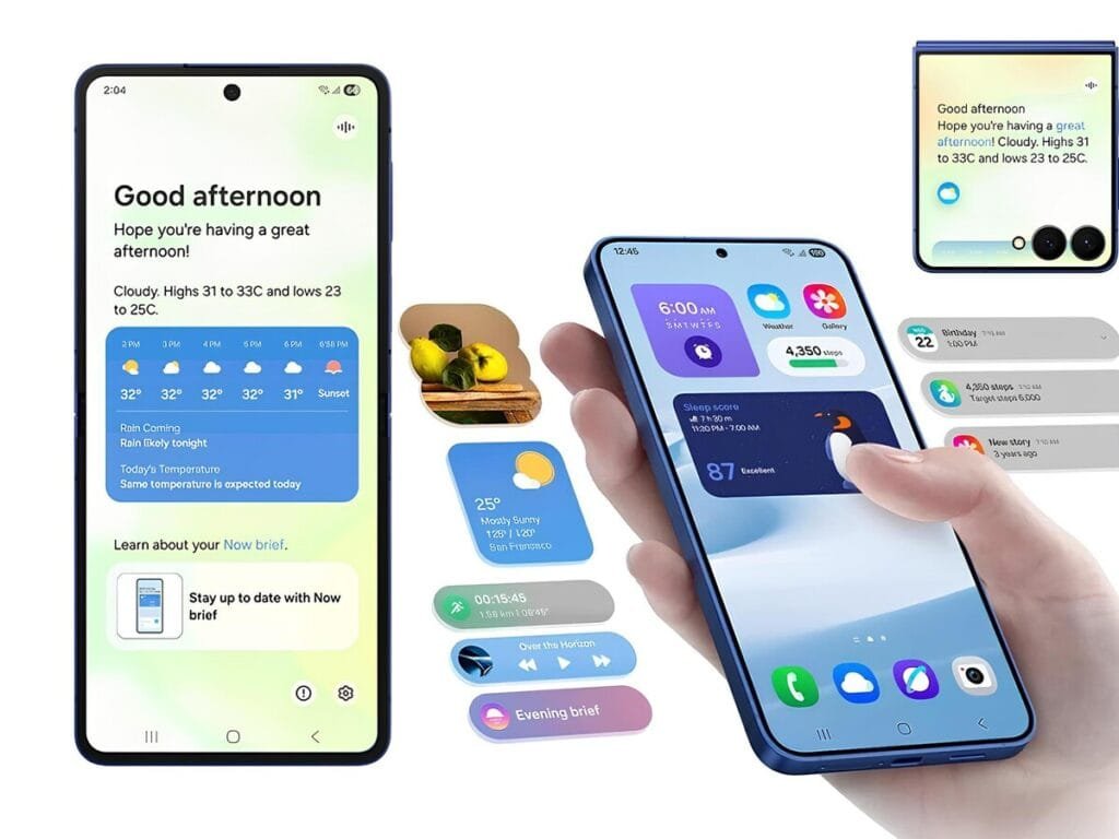 Novos widgets one ui 8.5 android 16 Interface da Samsung One UI 8.5 mostrando novos widgets de clima, relógio e painel de controle com design arredondado e efeito 3D.