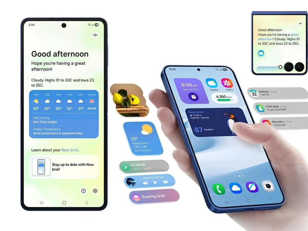 Novos widgets one ui 8.5 android 16 Interface da Samsung One UI 8.5 mostrando novos widgets de clima, relógio e painel de controle com design arredondado e efeito 3D.