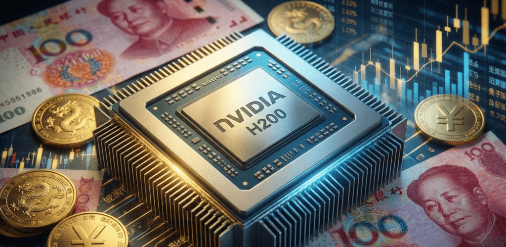 Ilustração do chip de Inteligência Artificial Nvidia H200 sobre notas de dinheiro e gráficos do mercado financeiro, representando as novas regras de pagamento adiantado na China.