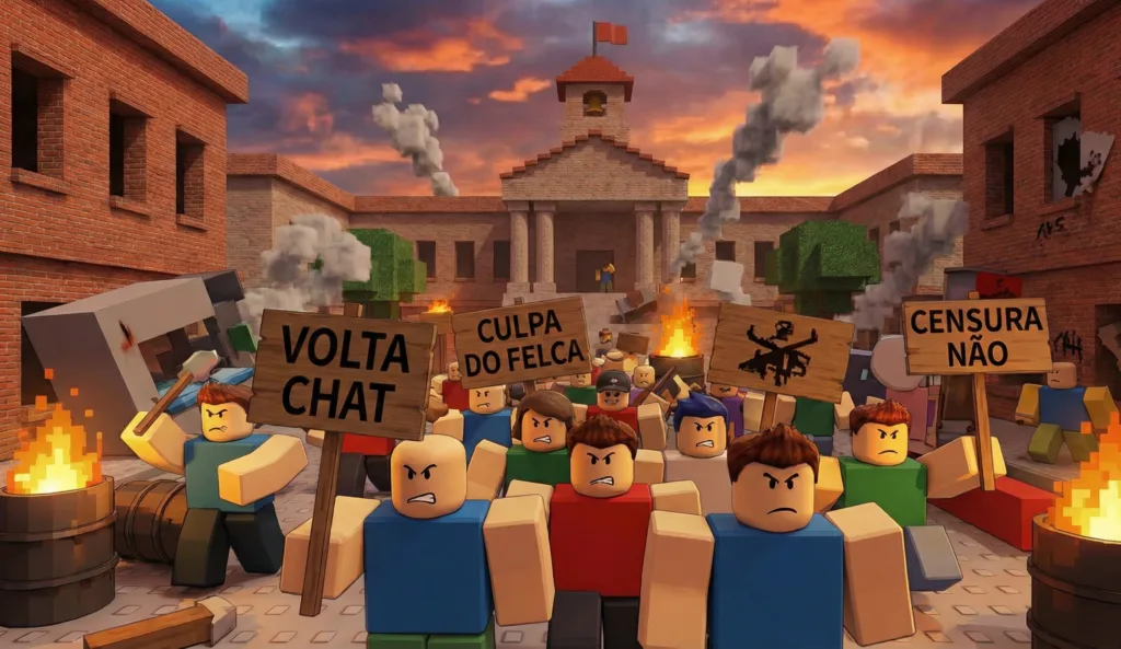 Protesto no Roblox contra bloqueio do chat e críticas ao Felca Protesto após notícia que Roblox bloqueia chat de voz e texto