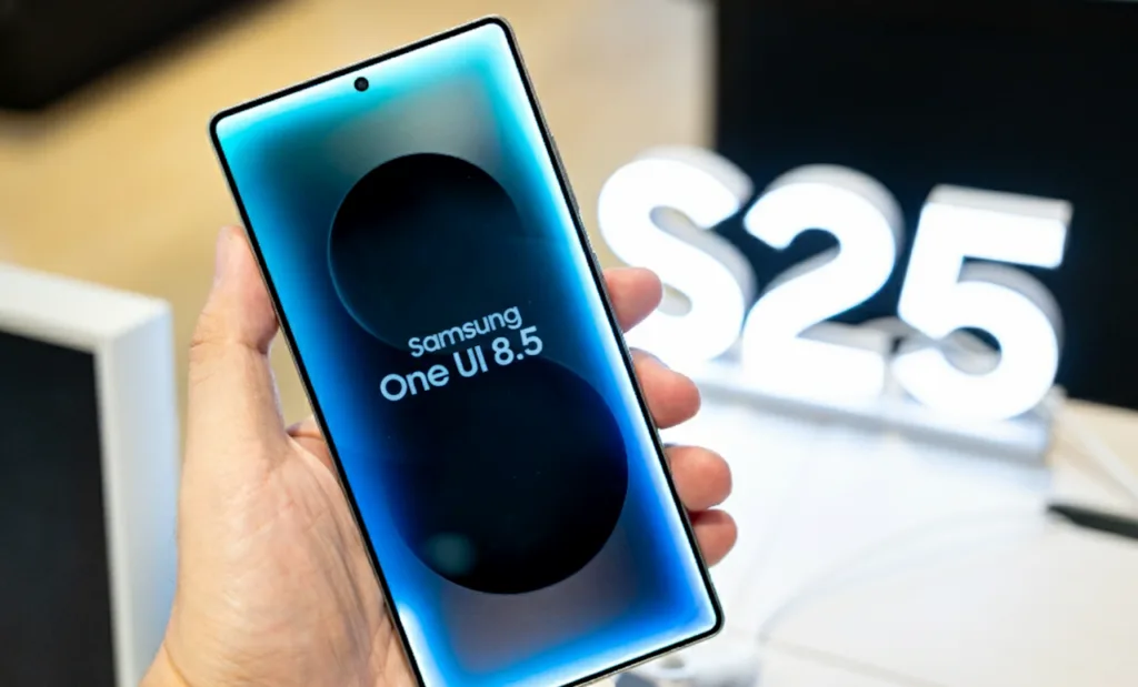 Samsung galaxy s25 one ui 8.5 tela inicial Celular exibindo a atualização Samsung One UI 8.5 com Android 16