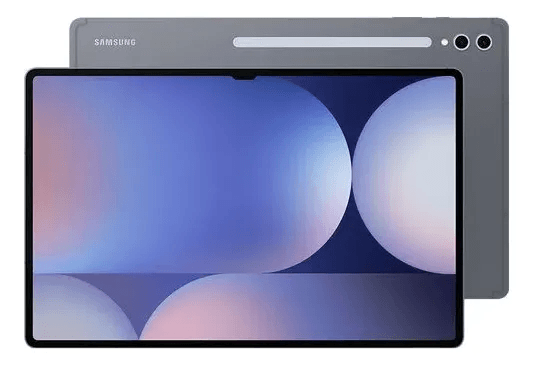 Frente e verso do Samsung Galaxy Tab S10 Ultra grafite, destacando a tela grande de 14.6 polegadas e câmeras duplas.