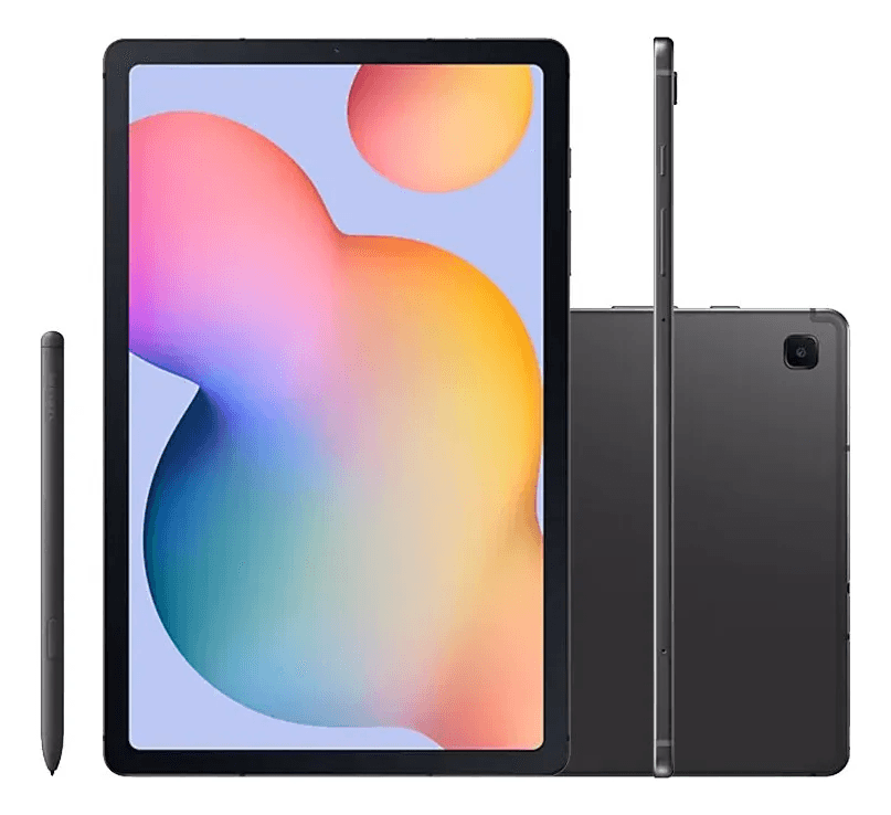 Kit do tablet Samsung Galaxy Tab S6 Lite 2024 mostrando frente, verso, perfil fino e a caneta S Pen inclusa.