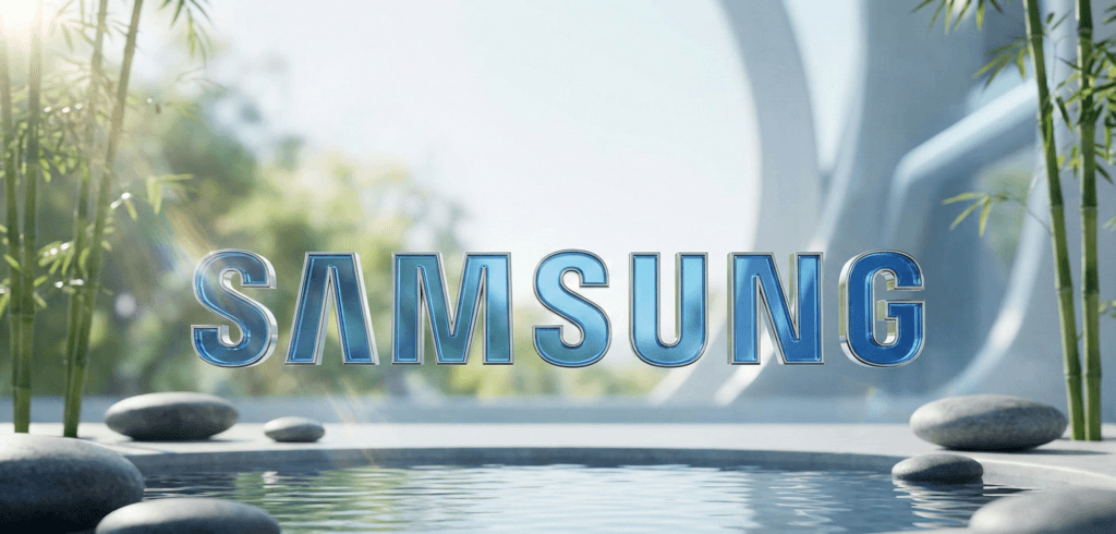 Logotipo da Samsung em 3D sobre um fundo zen com água e natureza, representando a nova fase da marca em 2026.