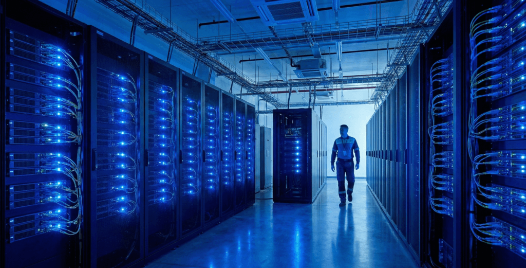Técnico caminhando por um corredor de servidores em um data center moderno com iluminação azul, representando o alto consumo de hardware pela Inteligência Artificial.