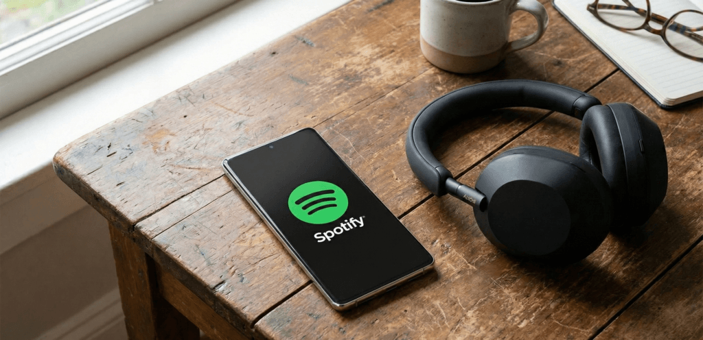 Spotify Premium aumentando Smartphone com app aberto enquanto Spotify aumenta preços em 2026