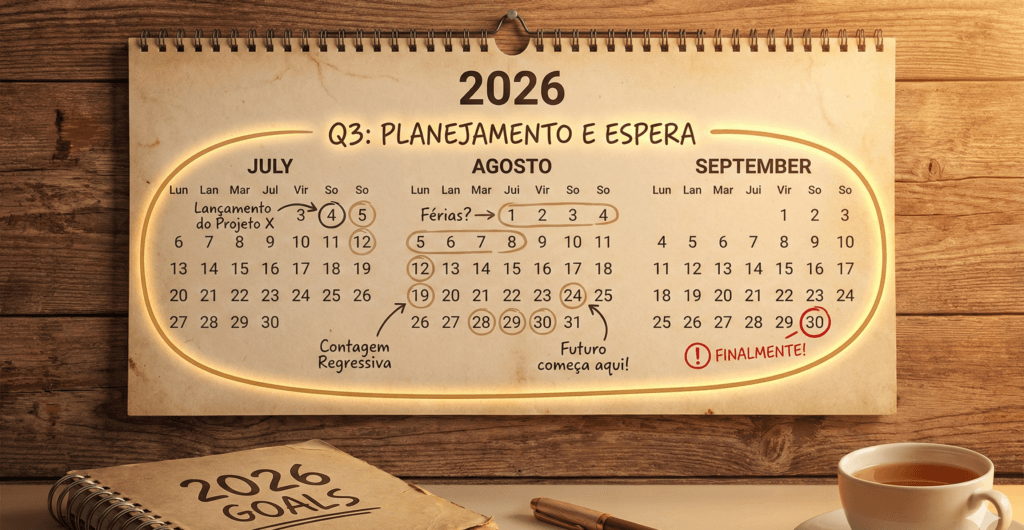 Calendário 2026 marcando a previsão de fim da crise da memória RAM no terceiro trimestre.