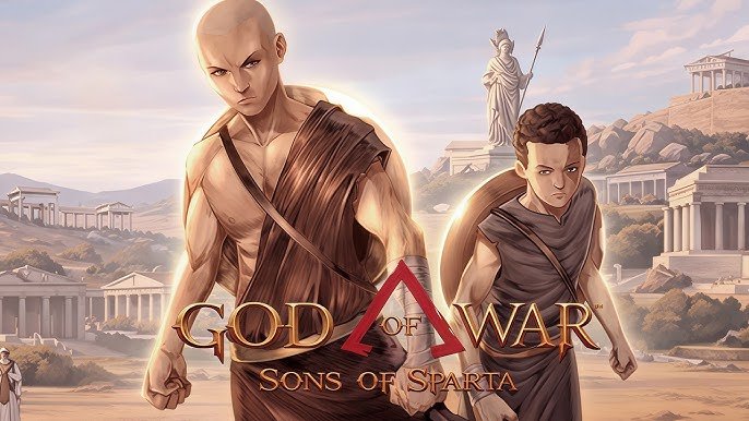 Kratos e Deimos em God of War Sons of Sparta Arte promocional de God of War Sons of Sparta mostrando Kratos jovem e seu irmão Deimos treinando com lanças e escudos na antiga Esparta.