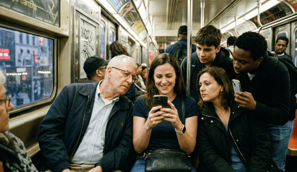 Nova tela de privacidade do Galaxy S26 Ultra sendo usada no metrô.