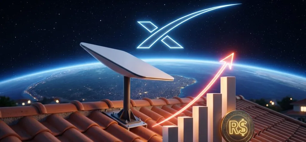 Starlink internet via satélite – reajuste de preços maio 2026 Antena instalada em telhado após o reajuste da Starlink no Brasil em 2026
