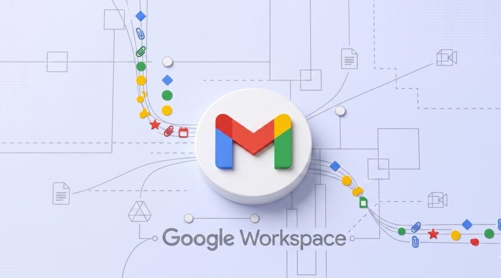 Logotipo tridimensional do Gmail centralizado com a marca Google Workspace abaixo, ilustrando os serviços corporativos do Google.